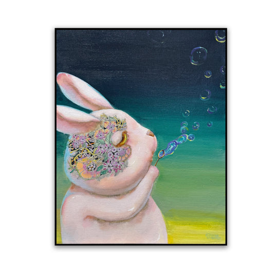 晓红艺术空间 I 5 层展厅原创手绘油画《花间兔的泡泡梦》