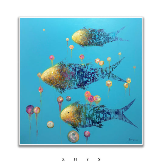 晓红艺术空间 I 5 层展厅原创手绘油画《三鱼聚瑞》