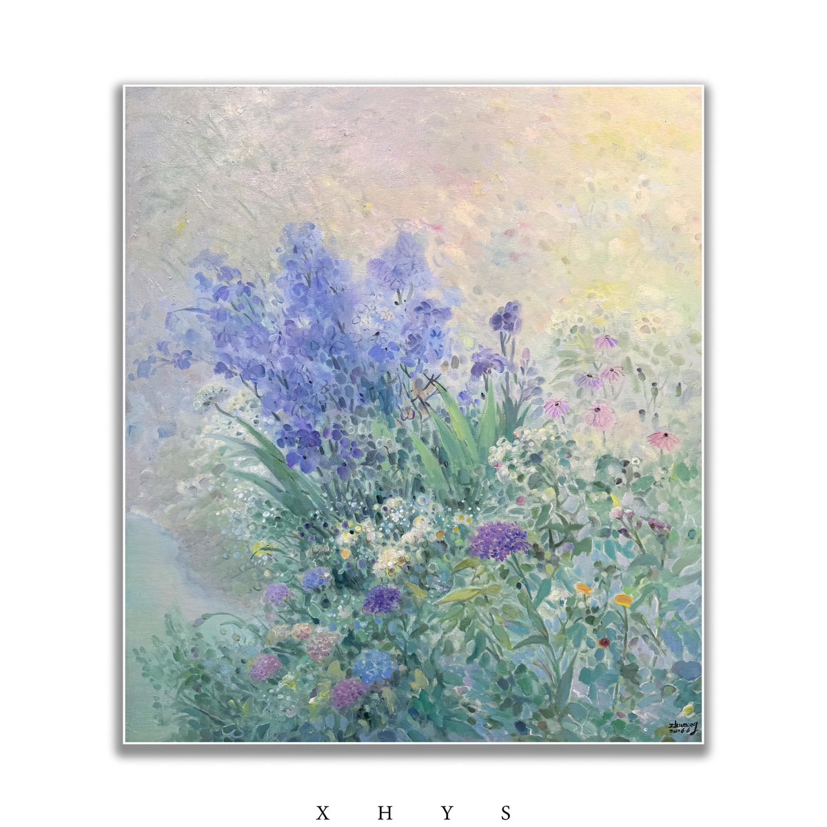 晓红艺术空间 I 5 层展厅原创手绘油画《蓝雾花间》