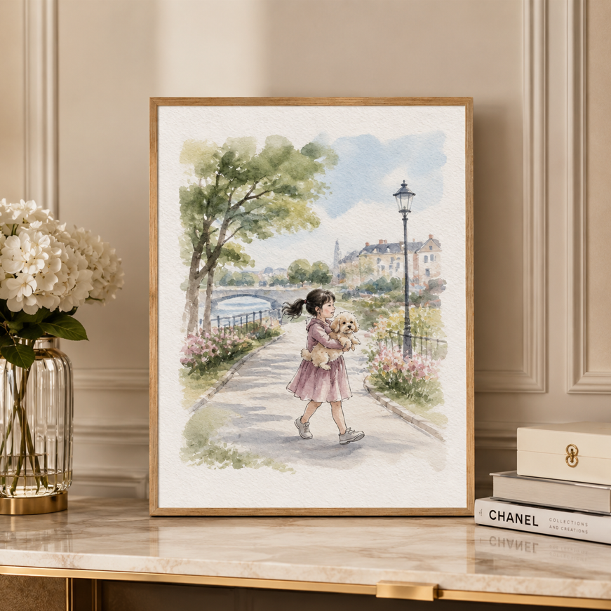 Custom Family & Pet Watercolor Portrait, Personalized Scene Portrait from Photo