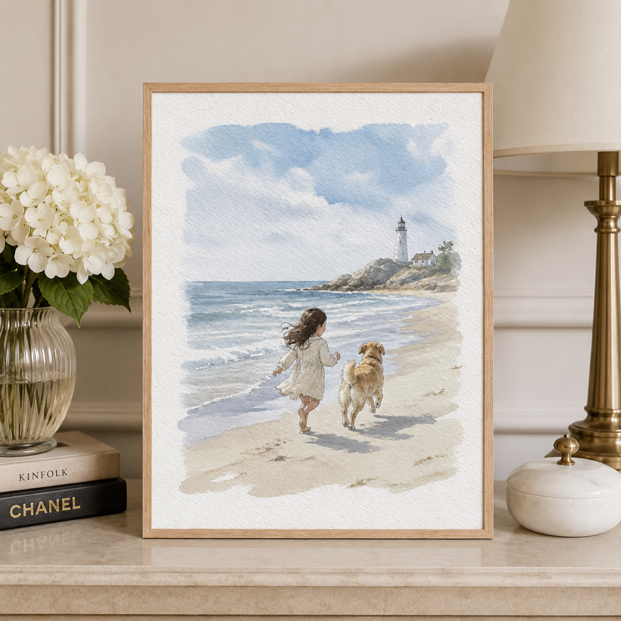 Custom Family & Pet Watercolor Portrait, Personalized Scene Portrait from Photo