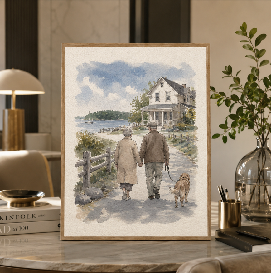 Custom Family & Pet Watercolor Portrait, Personalized Scene Portrait from Photo