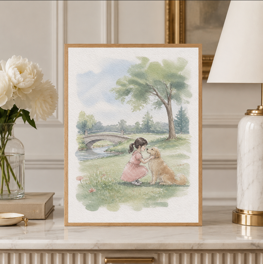 Custom Family & Pet Watercolor Portrait, Personalized Scene Portrait from Photo