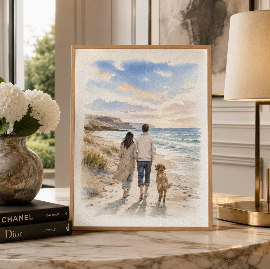 Custom Family & Pet Watercolor Portrait, Personalized Scene Portrait from Photo