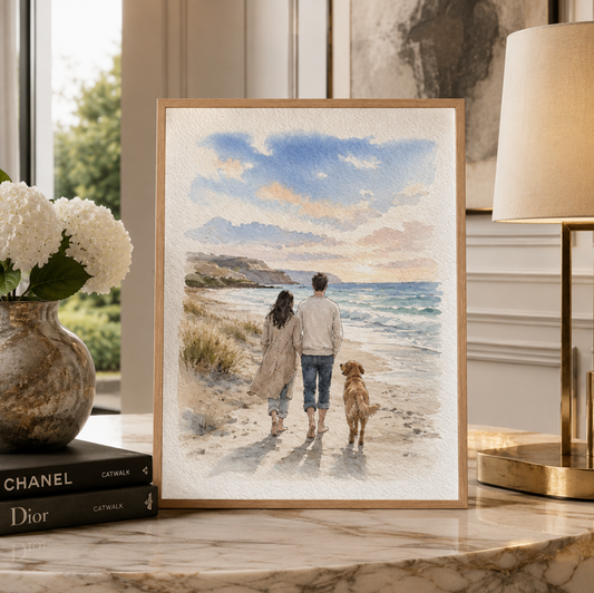 Custom Family & Pet Watercolor Portrait, Personalized Scene Portrait from Photo