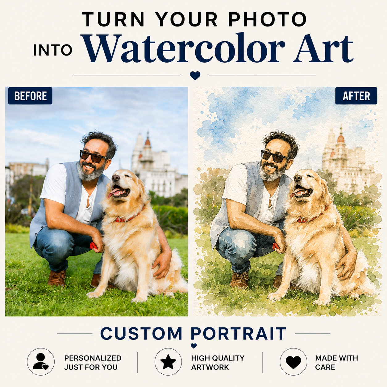 Custom Family & Pet Watercolor Portrait, Personalized Scene Portrait from Photo